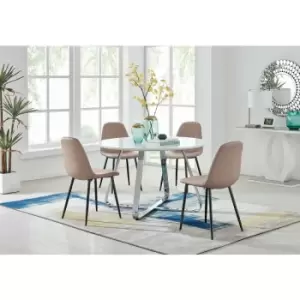 Image of Santorini White Round Table & 4 Cappuccino Corona Faux Leather Dining Chairs with Black Legs Diamond Stitch - Cappuccino