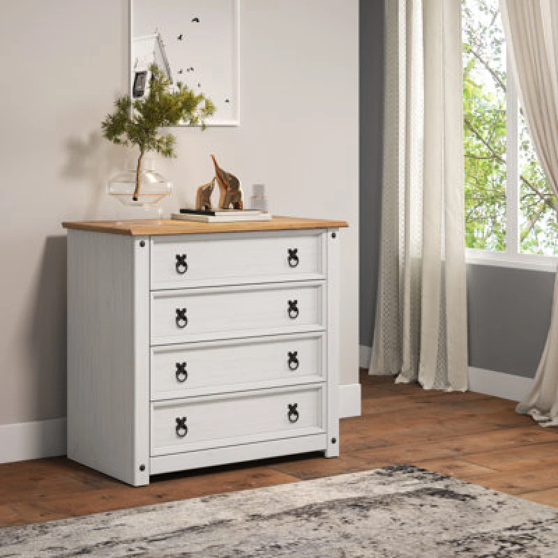 Image of Mercers Furniture Corona White Small 4 Drawer Chest Solid Pine With Mexican Styling