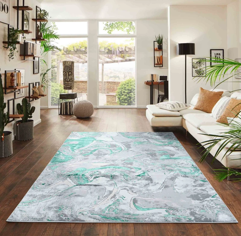 Image of Solarius Modern Grunge Marbling Abstract Area Rugs Aqua 200X290 Cm