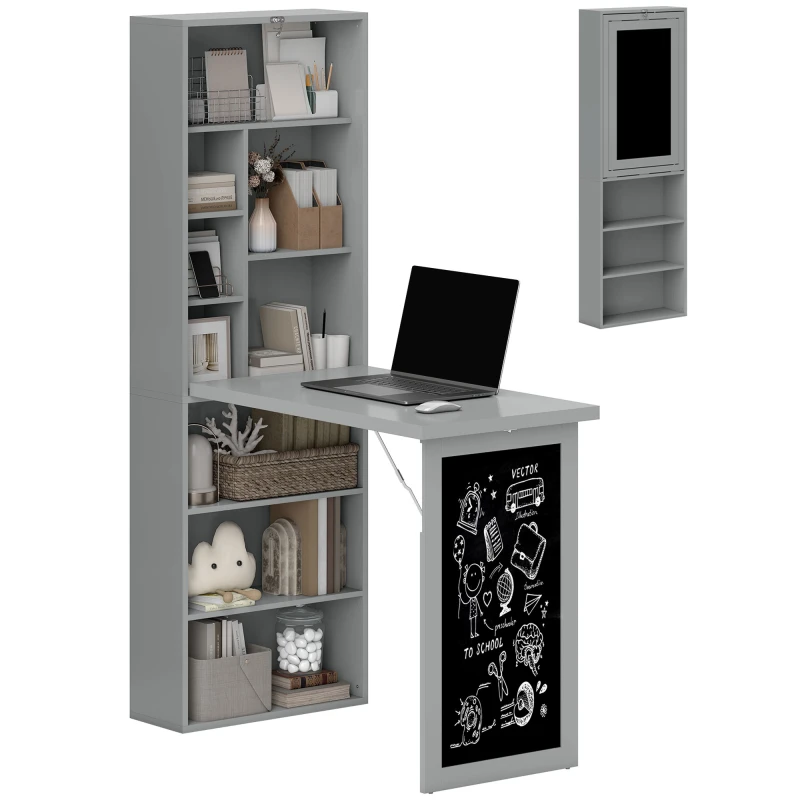 Image of HOMCOM Fold-out Convertible Writing Desk Wall Mount Cabinet with Blackboard and Side Shelf Multi-Function Home Office Workstation, Grey Aosom UK