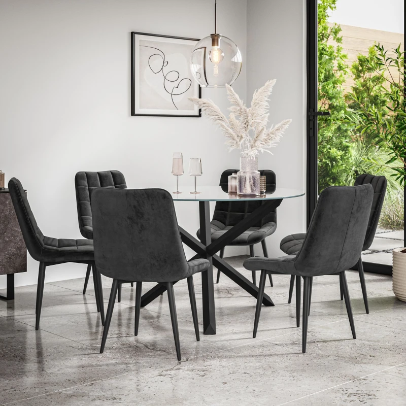 Image of More4Homes Malvern Round Dining Table And Chairs - Clear Glass Table Top W Solid Black Oak Legs + Nova Velvet Dining Chair Set Of 6 (Black)