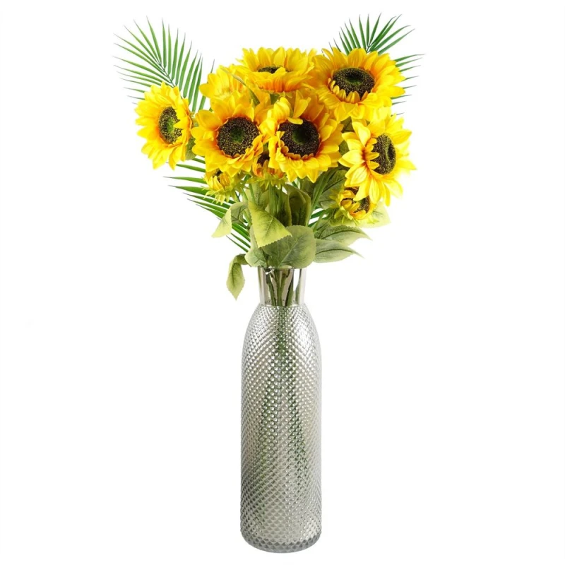 Image of Leaf 100cm Yellow Artificial Sunflower Arrangement Glass Vase