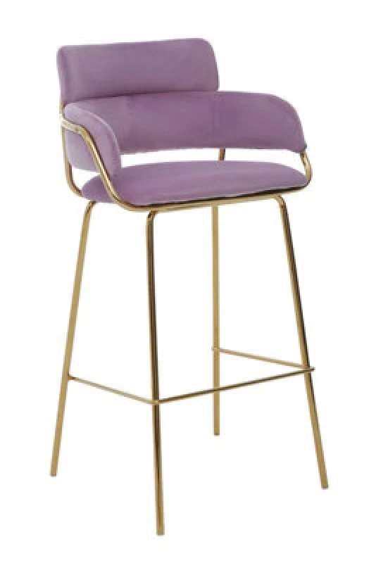 Image of Orsina Pink Velvet Bar Chair, Gold Finish Metal Legs With Footrest, Velvet Upholstered Bar Stool, Bar Seating