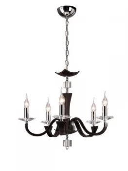 Image of Ceiling Pendant Chandelier 5 Light Polished Chrome, Dark Brown Faux Leather, Crystal