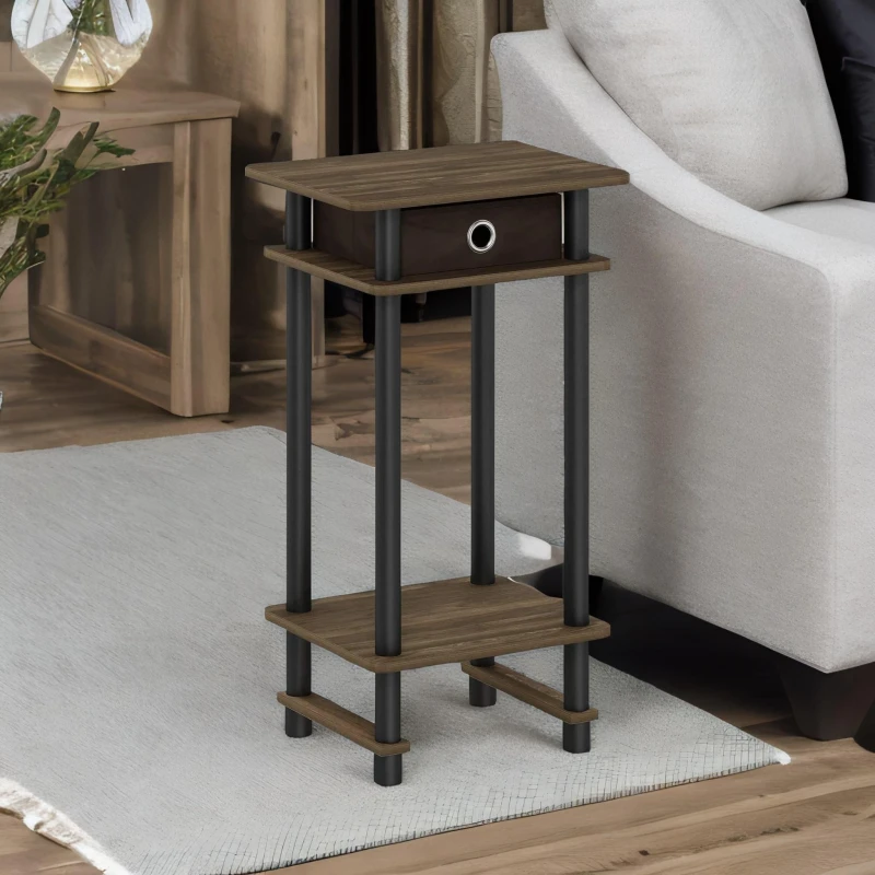 Image of Rafaelo Mobilia Industrial Rustic Side Table With Fabric Drawer in Brown Brown Unisex