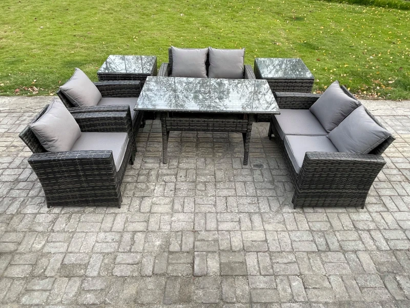 Image of Fimous Rattan Garden Furniture Set Patio Outdoor Lounge Sofa Set with Oblong Dining Table Double Seat Sofa 2 Side Tables in Dark Grey Dark Grey Unisex