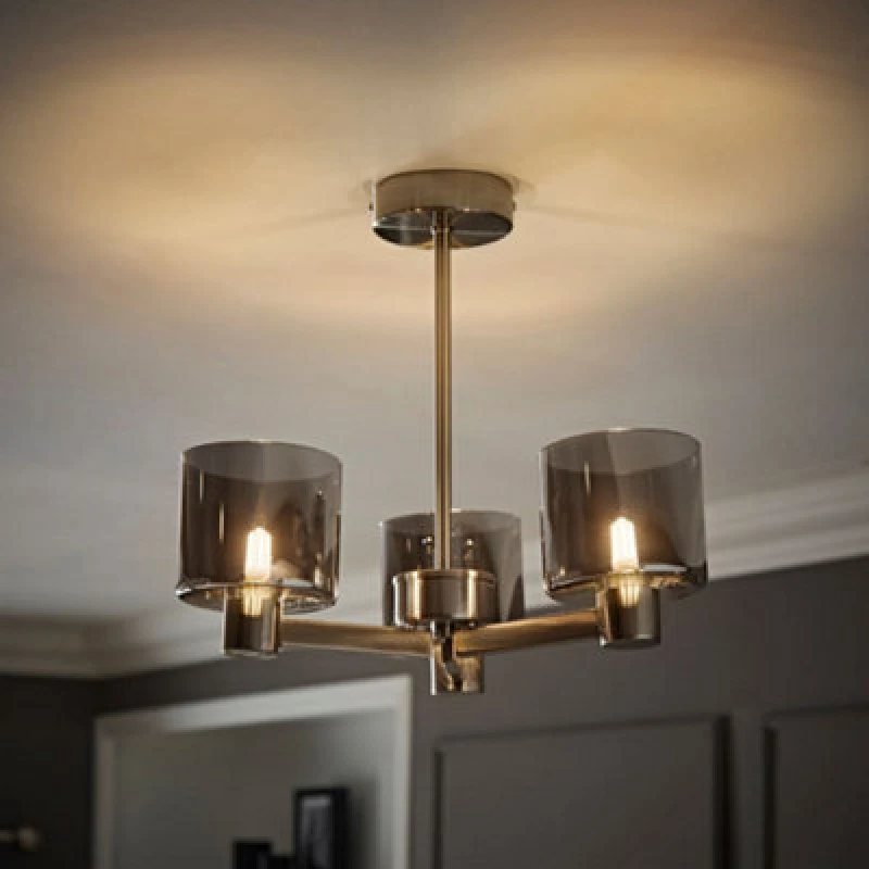 Image of Valuelights Demi Brushed Chrome And Smoked Glass 3 Arm Chandelier Ceiling Light