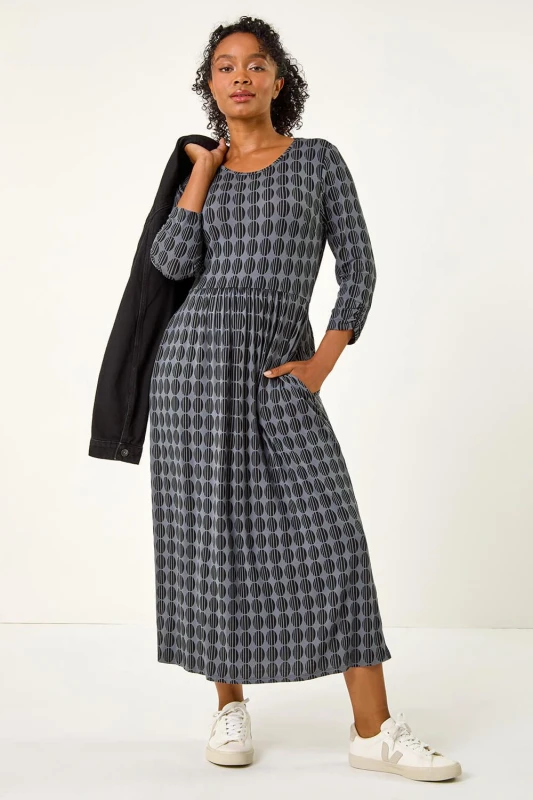 Image of Roman Petite Geometric Spot Midi Dress Grey