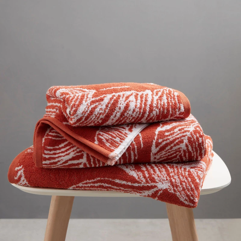 Image of Fusion 'Matteo' Luxury 100% Cotton Leaf Motif Jacquard Towel Terracotta