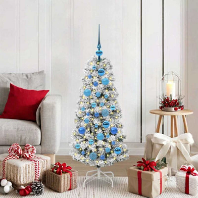 Image of vidaXL Artificial Hinged Christmas Tree with Blue Balls Green and white 120 cm, Green 3395584