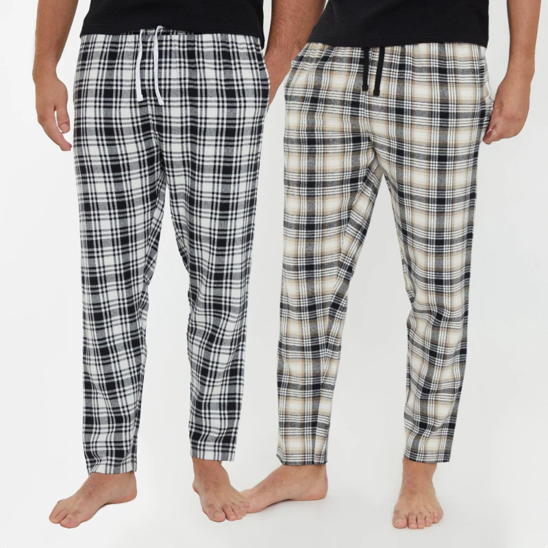 Image of Threadbare 2-Pack 'Vanilla' Brushed Cotton Flannel Check Lounge Bottoms Black