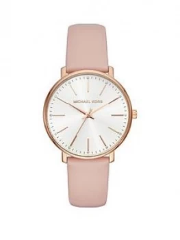 Image of Michael Kors Silver And Rose Gold Detail Dial Pink Leather Strap Ladies Watch