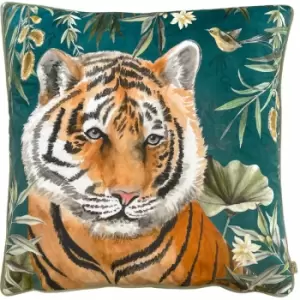 Image of Wylder - Tropics Orient Tiger Head Print Velvet Piped Edge Cushion Cover, Teal, 50 x 50 Cm
