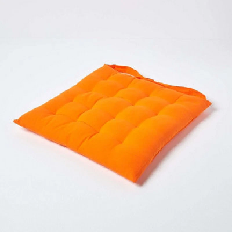 Image of Homescapes Plain Seat Pad with Button Straps 100% Cotton Orange