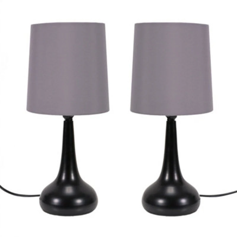 Image of ValueLights Teardrop Pair of Black Touch Table Lamps with Fabric Shade Grey