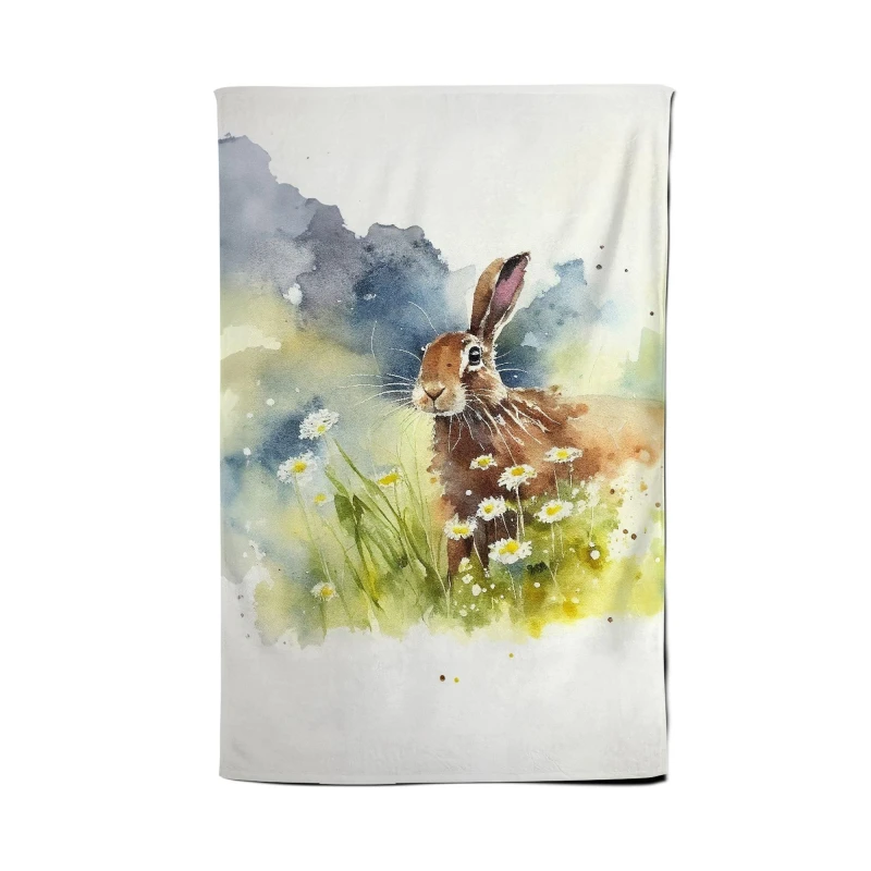 Image of Warren Reed - Designer Hare & Daisies Watercolour Tea Towel in Brown Brown Unisex