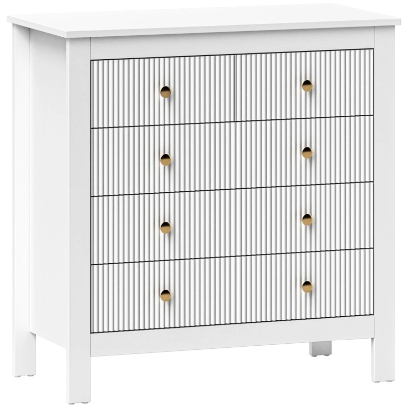 Image of HOMCOM Fluted Bedroom Chest of Drawers w/ 5 Drawers Gold Tone Handles - White TJ Hughes 5063603650169