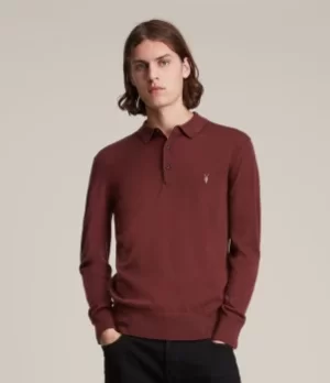 Image of AllSaints Mens Mode Merino Long Sleeve Polo Shirt, Damson Red, Size: XXL