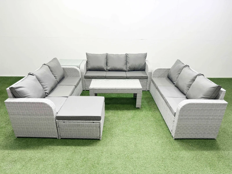 Image of Fimous PE Rattan Lounge Sofa Set 10 Seater Outdoor Garden Furniture Set with Oblong Coffee Table 3 Seater Sofa Big Footstool Side Table Light Grey Lig