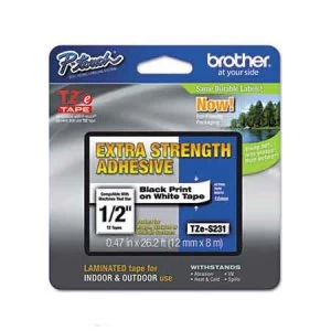 Image of Brother TZeS231 P-touch Extra Strength Label Tape - 1/2 x 26ft 12mm x 8m Black on White