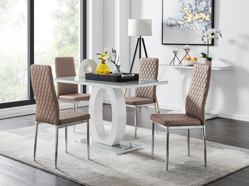 Image of FurnitureboxUK FurnitureboxUK Giovani Grey White Modern High Gloss And Glass Dining Table And 4 Milan Chairs Set in Beige Beige One Size Unisex 505654