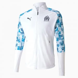 Image of PUMA Olympique De Marseille Stadium Mens Football Jacket, White/Azure/Peacoat, size Small, Clothing