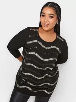 Image of Yours Sequin Embellished Stripe T-Shirt, Black, Size 20, Women