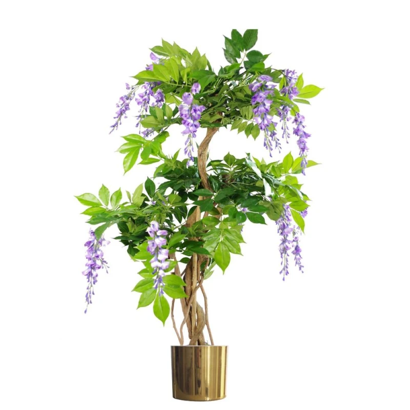Image of Leaf Design 110cm Artificial Purple Wisteria Tree with Gold Metal Planter