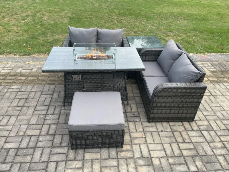 Image of Fimous Rattan Garden Furniture Set with Gas Fire Pit Table 5 Pieces Outdoor Loveseat Sofa Set Dark Grey Mixed Dark Grey