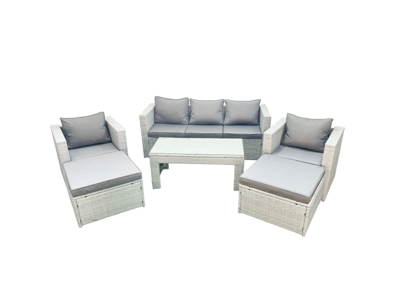 Image of Fimous Rattan Garden Furniture Set 7 Seater Outdoor Garden Sofa 2 Chairs Oblong Coffee Table Set with 2 Stools Light Grey Mixed Light Grey
