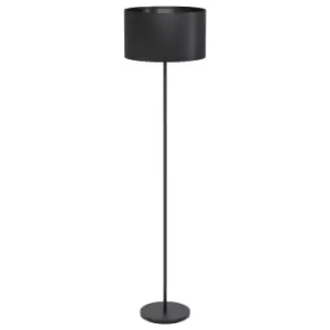 Image of Floor Lamp Light Black Shade Round Black Fabric Long Slim Stem Bulb E27 1x40W