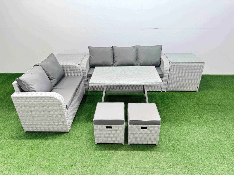 Image of Fimous Rectangular Dining Table Sofa Set with 2 Small Stool 2 Side Tables in Light Grey Light Grey Unisex
