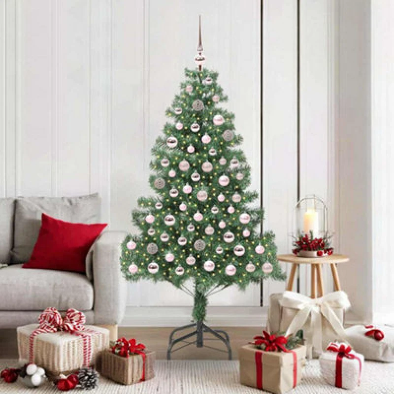 Image of vidaXL Christmas Tree with 300 LEDs, Pink Balls with Stand Green 180cm PVC, Green 3396382