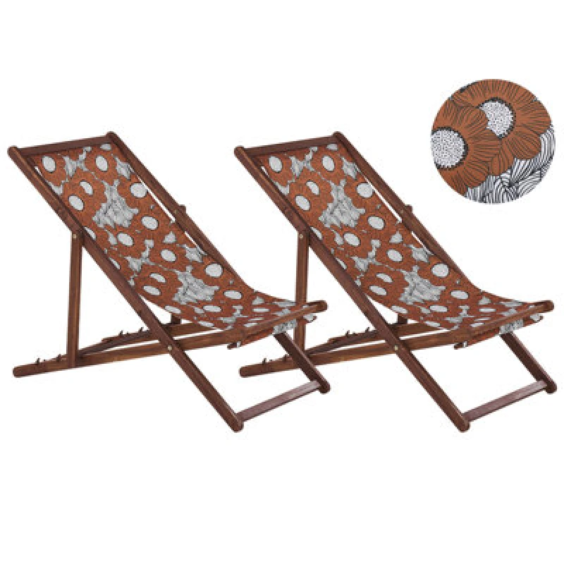 Image of Beliani Set Of 2 Folding Deck Chairs Anzio With Replacement Fabrics Floral Motif Acacia Wood Dark Brown