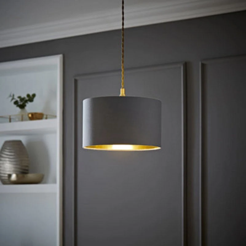 Image of ValueLights ValueLights Reni Grey with Metallic Gold Inner Easy Fit Drum Ceiling Lamp Shade in Pale Grey Size: Small Pale Grey Small Unisex 50165292