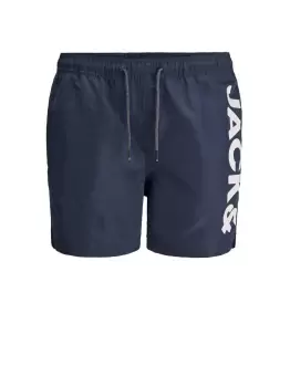 Image of JACK & JONES Large Logo Print Recycled Polyester Swim Shorts Men Blue