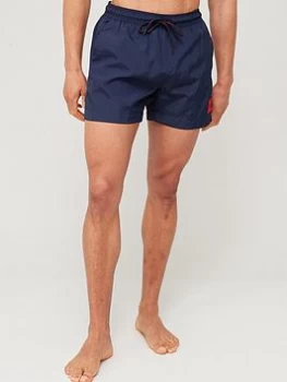Image of HUGO Dominica Red Patch Logo Swim Shorts - Navy, Size L, Men