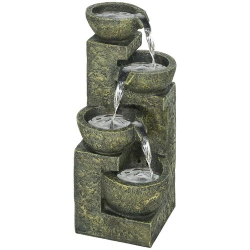 Image of Outsunny Garden Water Feature with Adjustable Flow, 4-Tier Stone Look Bowls Black