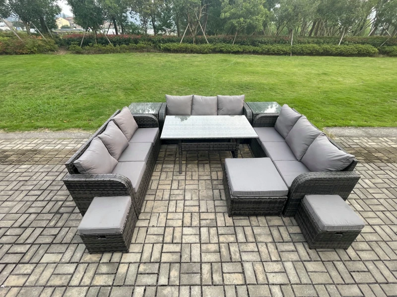 Image of Fimous Patio Rattan Garden Furniture Set with Oblong Rectangular Dining Table 3 Footstools 2 Side Table 12 Seater Outdoor Lounge Sofa Set in Dark Grey