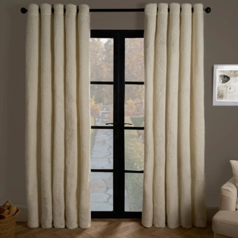 Image of OHS OHS Teddy Fleece Eyelet Curtains Thermal Pair Ready Made Soft Thick Fabric Ring Top in Cream Size: 229cm width x 229cm drop Cream 229cm width x