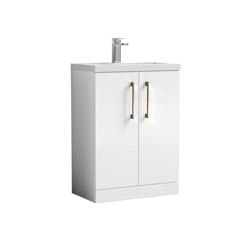 Image of Balterley Bathroom Vanity Basin Unit, Brushed Brass Handles, 600mm, Gloss White White Unisex