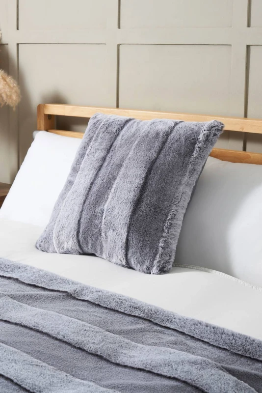 Image of BHS Faux Fur Stripe Cushion in Grey Grey Unisex