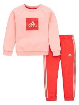 Image of Adidas Infant 2 Piece 3 Stripe Logo Sweatshirt And Jogger Set - Pink