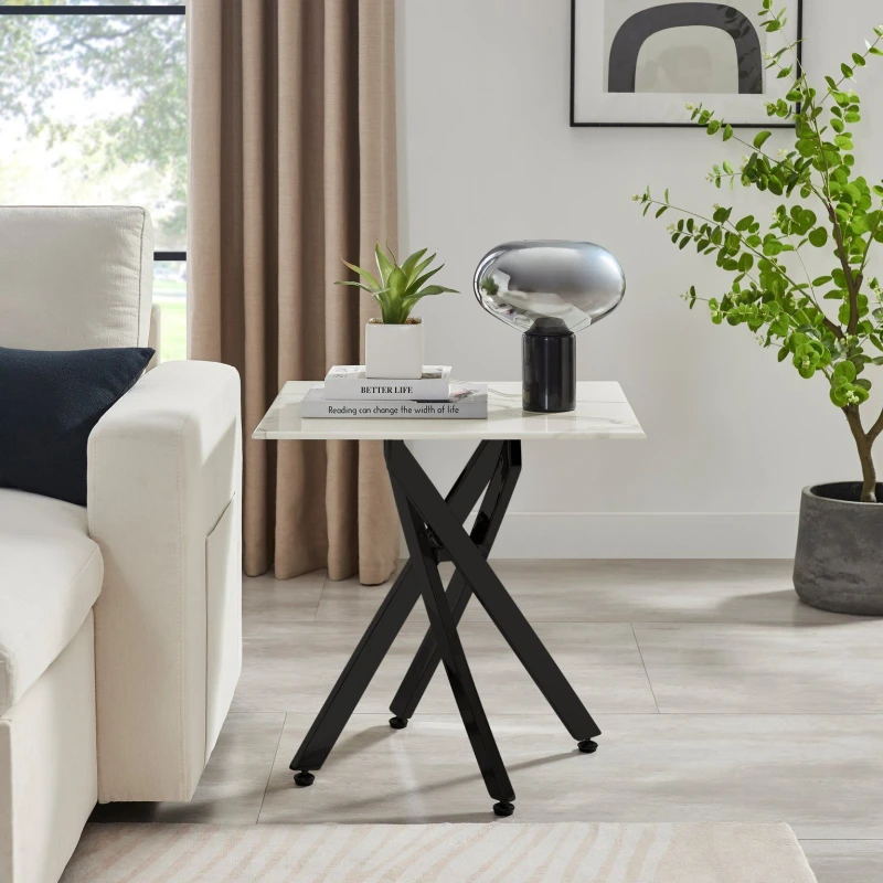 Image of FurnitureboxUK FurnitureboxUK Leonardo Square Marble Effect Glass Top Side Table With Black Metal Starburst Legs in White White One Size Unisex 505654