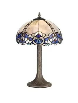 Image of 1 Light Tree Like Table Lamp E27 With 30cm Tiffany Shade, Blue, Clear Crystal, Aged Antique Brass