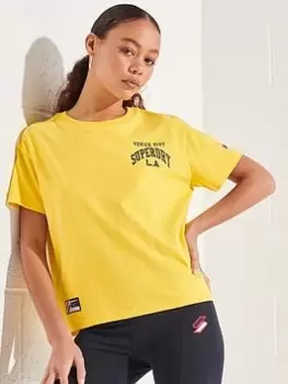 Image of Superdry Varsity Arch Mini Boxy T-Shirt - Yellow, Yellow, Size 10, Women