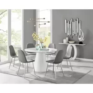 Image of Furniturebox Palma White High Gloss 6 Seat Minimalist Post Modern Round Dining Table & 6 Grey Corona Faux Leather Dining Chairs with Silver Legs