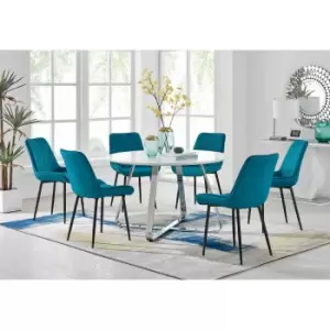 Image of Furniture Box Santorini White Round Dining Table and 6 Blue Pesaro Black Leg Chairs