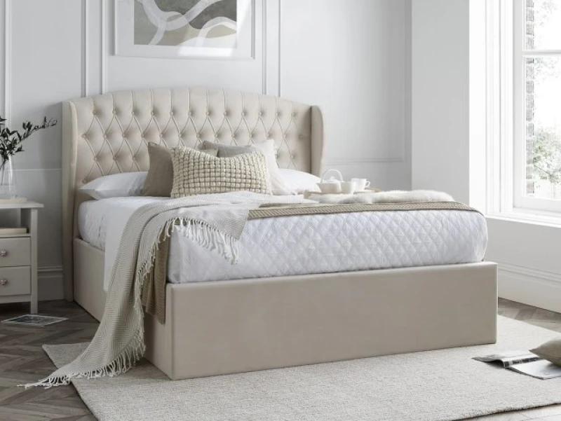 Image of Bedmaster Warwick Natural Velvet Fabric Ottoman Bed Frame - 4ft6 Double