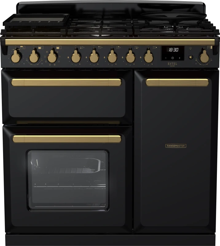 Image of Rangemaster Estel Deluxe ESDL90DFPGBL/AB1 90cm Dual Fuel Range Cooker - Black / Antique Brass - A/A Rated